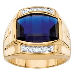 PRICES MAY VARY. Main Stone: 1 Emerald Faceted Cut Lab Created Blue Sapphire, 7.50 carats, 13 mm x 11 mm Accent Stone: 12 Genuine Diamonds .11 cttw 18k Gold-Plated, Silvertone Measures: 22 mm wide x 17.5 mm long x 6 mm high; Shank Width: 4.0 mm wide Includes gift box and drawstring pouch PalmBeach Jewelry exclusive. This timeless classic for him features a large cushion-cut created red ruby or blue sapphire with diamond accents flanking either side. It's the ring that will set him apart. Richly Gem Drawing, Mens Rings, Sapphire And Diamond Ring, Gold Chains For Men, Blue Sapphire Diamond, Men Diamond Ring, Mens Ring, Men's Jewelry Rings, Stone Gold