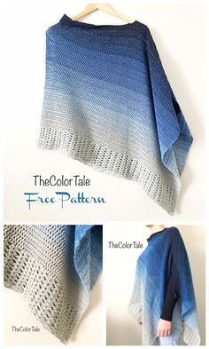 a blue and white knitted shawl with text that reads the color tale free pattern