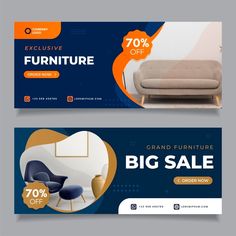 two banners for furniture sale with chairs and couches in the background, one is blue and orange