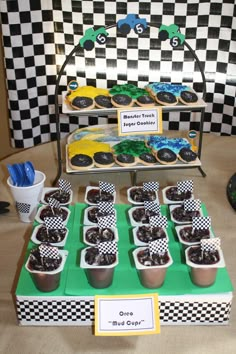 a table topped with lots of cupcakes and cakes