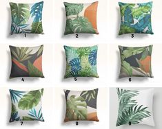 the different types of pillows are shown in various sizes and colors, including tropical leaves