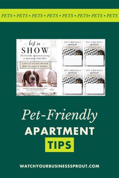 the pet - friendly apartment tips book is shown with an image of a dog and its owner