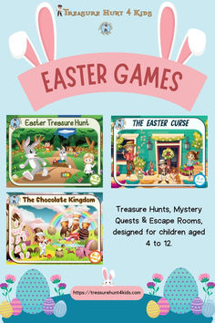 easter games for children with bunny ears on the top and an egg hunt in the bottom