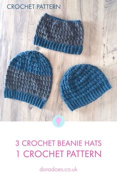 three crochet beanies with text that reads 3 crochet beanie hats 1 crochet pattern