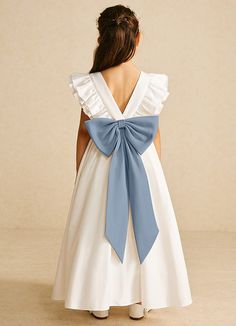 Let your flower girl have fun walking down the aisle while tossing petals in our matte satin dress, Aero. She features a scoop neckline, a beautiful V-back, a lovely bow tie belt, a ruched A-line skirt, and adorable flutter sleeves. This dress is not only perfect for a flower girl at a wedding but also versatile enough for other special occasions. Dusty Blue Flower Girl, Satin Flower Girl Dresses, Flower Girl Dresses Blue, Fun Walk, Pink Flower Girl Dresses, Bridal Attire, Wildflower Wedding, Dress Inspiration, Matte Satin