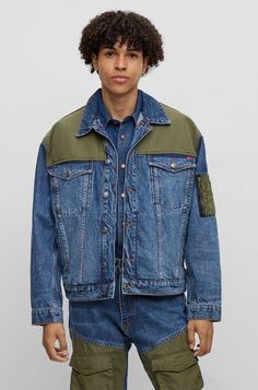 HUGO - Hybrid relaxed-fit jacket in blue rigid denim Casual Jackets, Dolce E Gabbana, Workout Jacket, Casual Jacket, Hugo Boss, Alexander Mcqueen, Versace, Burberry, Dark Blue