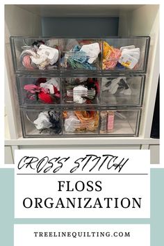 Cross Stitch threads organized on floss chips by Pip and Chip in acrylic storage drawers Floss Drops, Floss Bobbins