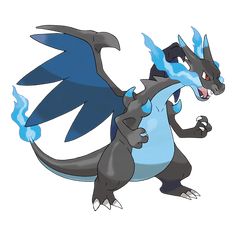 a blue and black dragon standing in front of a white background with the words pokemon on it