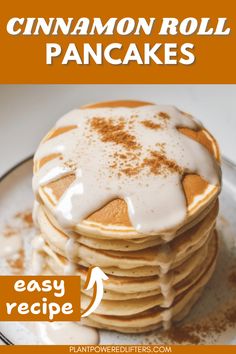 These delicious, easy cinnamon roll pancakes will start your day with a smile! These easy, fluffy pancakes from scratch are extremely filling, especially when you put the right toppings on. Enjoy this homemade vegan pancake recipe!