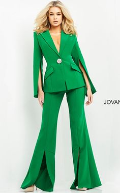 Jovani 06922 - Contemporary pantsuit open sleeves and leg hems. There is a crystal embellishment on the button. Crepe Jumpsuit, Portfolio Ideas, Unique Prom Dresses, Navy Fabric, Pant Suit, Wedding Outfits, Women Clothes, Crepe Fabric, Flare Pants