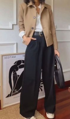 Grey Silk Pants Outfit, Comfortable Formal Outfits, French Women Style Outfits Parisian Chic, Olivia Palermo Style 2024, Black Classic Pants Outfit, Black Trousers Outfit Winter, Cream Wide Leg Pants Outfits, Trousers Outfit For Women, Camel Pants Outfit