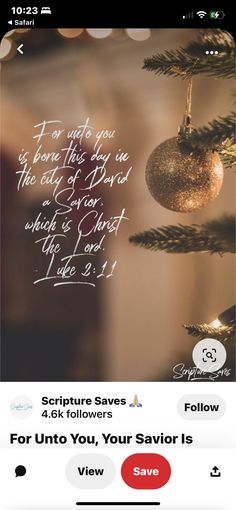 a christmas tree with an image of jesus on it and the words, for unto you, your salvation is