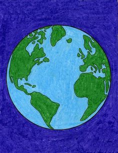 a drawing of the earth in blue and green on purple paper with words written below it