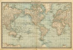 an old map of the world with countries and major cities on it's borders