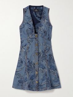 Etro's collections are a masterclass in artful use of print and texture. Combining both, this mini dress is made from tonal-blue denim that's intricately jacquard-woven with the brand's signature paisley motifs and has a softly pleated hem. Wear yours with everything from knee boots to sandals. News Print Dress, Denim Fitted Dress, Dusty Blue Clothes, Blue 70s Dress, Vintage Designer Outfits, Vintage Designer Clothes, Black And Blue Clothes, French Fashion Women, Clothes With Embroidery