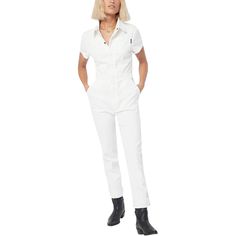 Whether we're working in the shop or roaming downtown, the Atwyld Pit Crew Jumpsuit fits the scene. This easy-wear wardrobe staple is soft and stretchy for daylong comfort that won't hold us back, while the relaxed design with a fitted waist keeps our look chic. Fitted Short Sleeve Overalls For Workwear, Fitted Utility Overalls In Solid Color, Fitted Solid Color Utility Overalls, Solid Color Fitted Utility Overalls, Fitted Utility Overalls For Workwear, White Short Sleeve Jumpsuits And Rompers For Work, Everyday Stretches, Jumpsuit Fitted, Pit Crew