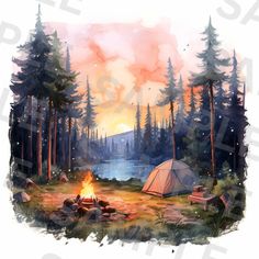 a painting of a campfire with a tent in the background