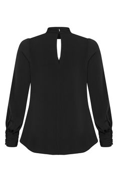 This desk-to-date-night top is designed with a high neckline and sleek front-and-back cutouts. 29" length (size Small) Back keyhole with button-and-loop closure Mock neck Long sleeves 100% polyester Machine wash, line dry Imported Solid Color High Neck Party Top, Chic High Neck Mock Neck Top For Workwear, Elegant Stretch Mock Neck Top For Night Out, Versatile Solid Blouse For Night Out, Elegant Fitted Mock Neck Top For Night Out, Sleek Stretch Tops For Office, Sleek Stretch Top For Formal Occasions, Sleek High Neck Tops For Night Out, Sleek High Neck Top For Night Out