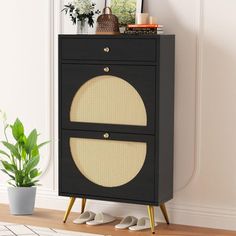 a black cabinet with two doors and some shoes on the floor next to a potted plant