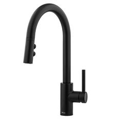 a black kitchen faucet with the handle extended to it's spout