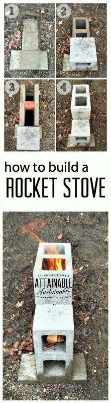 the instructions for how to build a rocket stove from cinder blocks and concretes, including an open fire pit