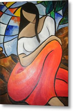 a painting of a woman sitting in front of a stained glass window