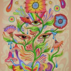 an artistic painting with flowers and eyes