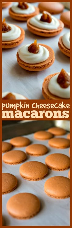 pumpkin cheesecake macaroons on a baking sheet with the words pumpkin cheesecake macaroons