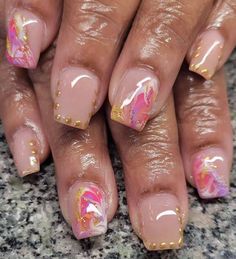 Overlay Square Nails, Overlay With Design Nails, Short Square Acrylic Nails Marble, Acrylic Overlay Nails Short Pink, Short Square Nails Design, Short Square Acrylic Nails 3d Flowers, Short Coffin Nails Designs, Pastel Nails Designs, Manicure Nail Designs