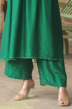 Green anarkali with zardozi embroidered paisley patterned yoke. Comes with sequin embellished palazzo. - Aza Fashions Anarkali With Palazzo, Green Anarkali, Embroidered Anarkali, Green Silk, Paisley Pattern, Mandarin Collar, Anarkali, Aza Fashion, Base Colour