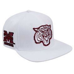 Send your favorites good vibes on game day by grabbing this Mascot Evergreen Wool hat from Pro Standard. It features an unmistakable Morehouse Maroon Tigers graphic embroidered on the front panels that puts your love for the team forward. In addition, the snapback closure makes it easy to secure the perfect fit whenever you want to boost your spirit up a notch. Officially licensed Structured fit Snapback Embroidered graphics with raised details Flat bill High Crown Brand: Pro Standard Imported W Collegiate White Hat With Flat Brim, Collegiate Snapback Hat, White Collegiate Hat With Flat Brim, Collegiate White Fitted Hat With Flat Bill, White Collegiate Fitted Hat For Fan Gear, Collegiate White Fitted Hat With Flat Brim, White Collegiate Fitted Hat With Flat Bill, White Collegiate Fitted Hat With Flat Brim, Collegiate White Flat Bill Fitted Hat