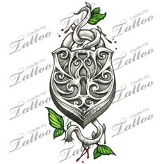 a tattoo design with an ornate shield and snake on it's side, surrounded by leaves