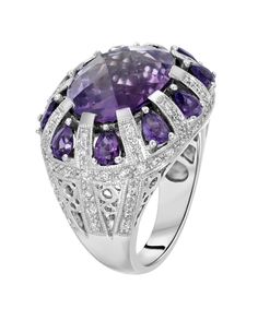 Glamour Toujours Collection 11.84 ctw Natural Amethyst and Diamond 18k Gold Bold Cocktail Ring View 2 Fine Jewelry Purple Platinum Rings, Luxury Oval Amethyst Platinum Ring, Elegant Purple Diamond Cut Ring, Purple Platinum Rings Fine Jewelry, Luxury Purple Sapphire Ring, Luxury Purple Platinum Rings, Elegant Purple Platinum Rings, Amethyst Diamond Cut Rings For Formal Occasions, Formal Amethyst Ring With Diamond Cut