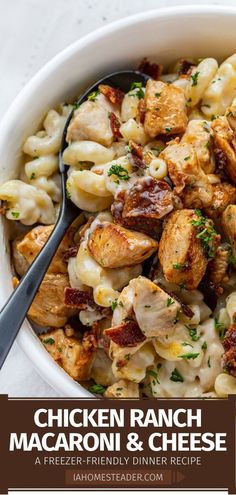 chicken ranch macaroni and cheese in a white bowl with a black serving spoon