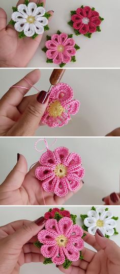 crocheted flowers are being made with yarn