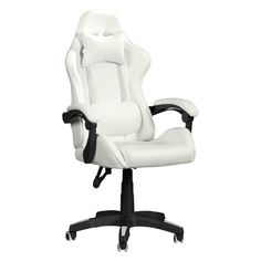 a white office chair with black trimmings on the armrest and back rest