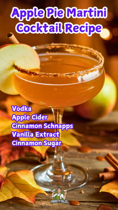 an apple pie martini cocktail with cinnamon sugar in the rim and garnishes