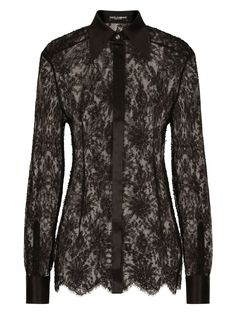 Get ready to turn heads with this semi-sheer floral-lace shirt from Dolce & Gabbana. Perfect for adding a touch of elegance to any outfit, this shirt features classic collar, front button fastening, long sleeves, buttoned-cuff sleeves, and a scallop hem. Black, semi-sheer construction Floral-lace detailing Classic collar Front button fastening Long sleeves Buttoned-cuff sleeves Scallop hem | Dolce & Gabbana Women's Lace Shirt in Black | Size IT 42 | F5R42TMLMAEN0000 Dolce And Gabbana Shirts, Black Lace Shirt, Satin Bluse, Black Tunic Tops, Barbie Sewing, Chanel Perfume, Scallop Hem, Get A Job, Sheer Shirt