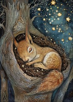 a painting of a squirrel curled up in a nest