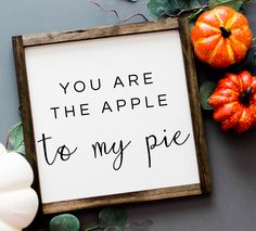 a sign that says you are the apple to my pie next to some pumpkins