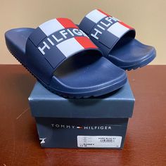 Tommy Hilfiger Mens Dark Blue Tm Romey Slip On Slide Sandals Size 10, 11, 12 M Brand: Tommy Hilfiger Department: Men Size: 10, 11, 12 M Color: Dark Blue Type: Sandals Style: Slide Model: Tm Romey Pattern: Solid Theme: Classic Closure: Slip On Features: Comfort, Lightweight Occasion: Casual Seasons: All Seasons Condition: New With Box I Offer Discounts For All Return Customers. - Jvs Blue Open Toe Slides With Rubber Sole, Blue Sport Sandals With Rubber Sole, Blue Synthetic Sport Sandals With Rubber Sole, Blue Slides For Summer, Blue Slide Sport Sandals, Sporty Blue Slide Sport Sandals, Blue Slides With Branded Insole And Round Toe, Sporty Blue Slide Sandals, Blue Sporty Sandals For Summer