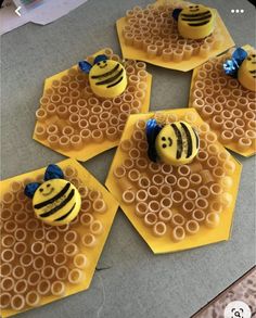 bees on honeycombs made from waffles with fondant and blue ribbon