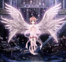 an anime character with angel wings standing in front of a building