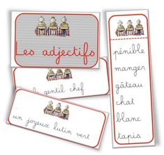 three cards with words written on them in french and english, one has an image of two people sitting at a table