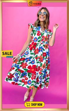 Multicolor Flutter Sleeve V Neck High Waist Floral Midi Dress Chic Spring Midi Dress With Vibrant Print, Chic Spring Dresses With Vibrant Print, Chic Midi Dress With Vibrant Print For Spring, Chic Dresses With Vibrant Print For Spring, Vibrant White Summer Dress, Vibrant Short Sleeve Midi Dress For Spring, Multicolor Flowy Dress With Flutter Sleeves, Vibrant V-neck Dress For Garden Party, Vibrant Multicolor Spring Dresses