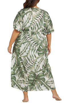 A tropical print and drawstring cutout bring vacation-ready style to this cover-up dress that will take you effortlessly from beach to brunch. Slips on over head Deep V-neck Short sleeves Drawstring waist 100% cotton Hand wash, dry flat Imported White Tropical Print Swimwear For Beach Cover-up, Green Floral Print Beach Cover-up, Short Sleeve Tropical Print Beach Cover-up Dress, D Cup Swimwear, Green Vibrant Print Beach Cover-up Dress, Chlorine Resistant Swimwear, V-neck Tropical Print Beachwear Cover-up, Beach Skirt, Print Swimwear