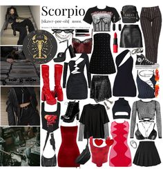 there is a collage of clothes and accessories on this page in the magazine scorpio