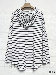 Ebeek - Womens Plus Size Stripe Print Long Sleeve Drawstring Hoodie with Medium Stretch - Casual and Comfortable Striped Long Sleeve Hoodie For Fall, Striped Hooded Top For Winter, Striped Hooded Tops For Fall, Casual Striped Winter Hoodie, Casual Striped Hoodie Sweatshirt, Cotton Hoodie With Three Stripes Long Sleeve, Winter Striped Hooded Top, Casual Striped Hoodie With Drawstring Hood, Casual Striped Hooded Top