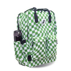 a green and white checkered backpack with two pockets on the front, one has a camera in it