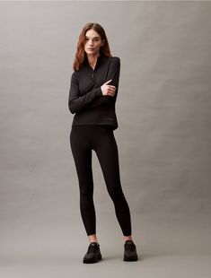 Minimalist with a solid body, these leggings are constructed from moisture-wicking fabric for total comfort and breathability during workouts. Created with a high rise waist and a slim, fitted silhouette in a 7/8 length. Designed with an elastic waistband and a tonal Calvin Klein logo at the lower leg.  Material: 88% Polyester, 12% Elastane. Minimal Stretch Athleisure Activewear For Fall, Fall Athleisure Activewear With Minimal Stretch, Athleisure Gym Leggings In Recycled Polyester, Athleisure Recycled Polyester Workout Tights, Athleisure Workout Tights In Recycled Polyester, Athleisure Workout Tights Made Of Recycled Polyester, Sporty Recycled Polyester Leggings For Pilates, Calvin Klein Stretch Activewear For Yoga, Sleek Tight Elastane Activewear